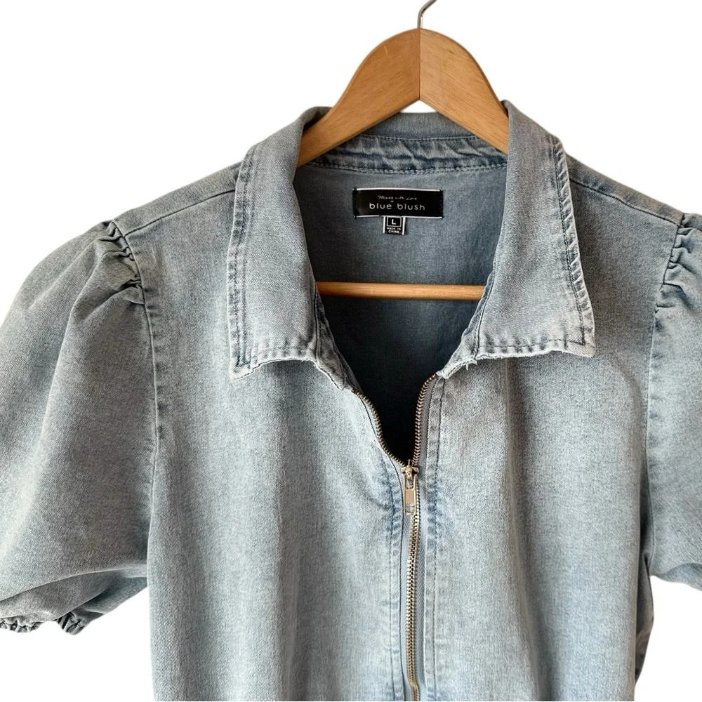 Blue Blush Cotton Blend Faux Denim Balloon Sleeve Dress - Picture 7 of 16